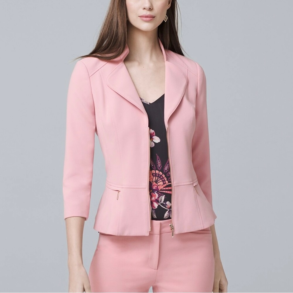 white house black market duster pink zip up peplum blazer office professional